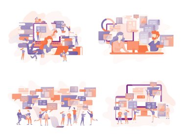 Açılış sayfası şablonu, düz stil, işadamları kavramı tartışmak sosyal ağ, Haberler, sosyal ağlar