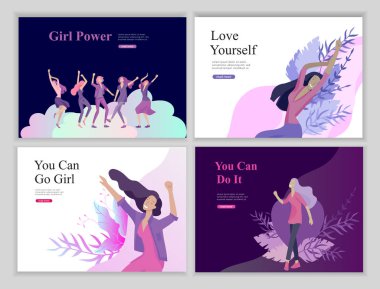 Web sayfa tasarım şablonu için güzellik, rüyalar motivasyon, Uluslararası Kadınlar Günü, feminizm kavramı, kızlar güç ve kadın hakları, vektör çizim Web sitesi için