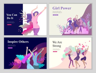 Web sayfa tasarım şablonu için güzellik, rüyalar motivasyon, Uluslararası Kadınlar Günü, feminizm kavramı, kızlar güç ve kadın hakları, vektör çizim Web sitesi için