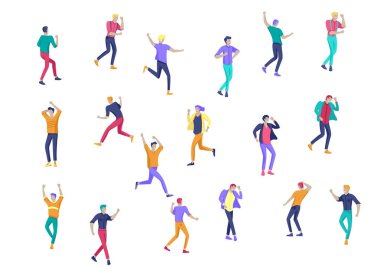 Atlama karakter çeşitli teşkil etmektedir. Gençlerin grup ile atlama neşeli gülen ellerini kaldırdı. Mutlu pozitif genç erkek ve kadınlar