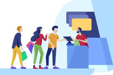 İnsanlar süpermarkette alışveriş. Kadın ile kasiyer, süpermarkette kavramı müşteri ve tezgâhtar satın alınır. Satın alma prosedürü etkileşim, satış. Yaratıcı açılış sayfası