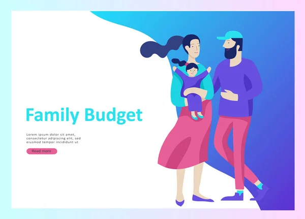 Landing page templates happy family, travel and psychotherapy, family health care, goods entertainment for mother father and their children. Parents with daughter and son have fun — Stock Vector
