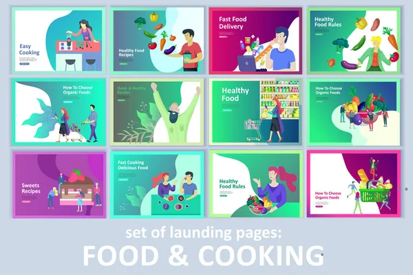 Conjunto de modelos de landing page com pessoas que Cozinhar alimentos orgânicos saudáveis, receitas simples, como escolher produtos no supermercado, entrega de alimentos — Vetor de Stock
