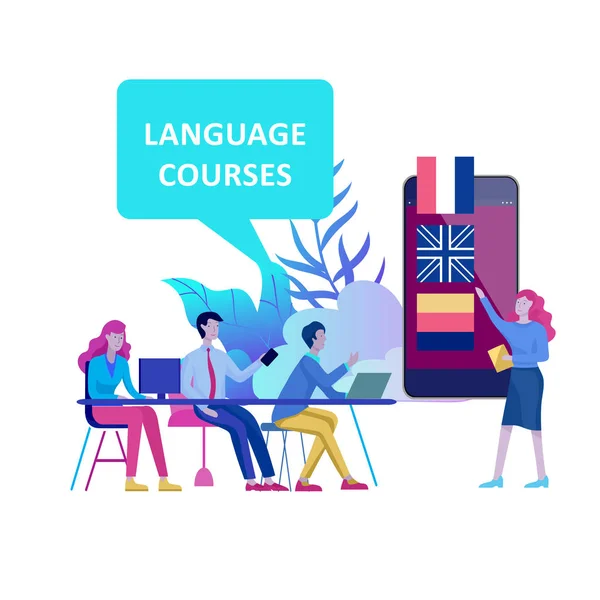 Cursos de idiomas online, educação a distância, treinamento. Interface de Aprendizagem de Línguas e Conceito de Ensino . —  Vetores de Stock