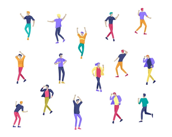 Personaje saltando en varias poses. Grupo de jóvenes riendo alegre gente saltando con las manos levantadas. Feliz positivos jóvenes hombres y mujeres — Vector de stock