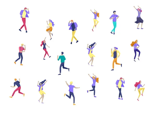 Jumping character in various poses. Group of young joyful laughing people jumping with raised hands. Happy positive young men and women — Stock Vector