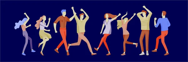 Personaje saltando en varias poses. Grupo de jóvenes riendo alegre gente saltando con las manos levantadas. Feliz positivos jóvenes hombres y mujeres — Vector de stock