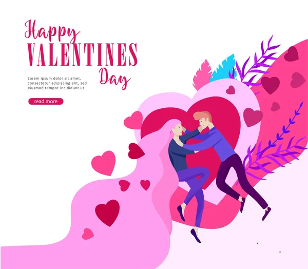 Glückliche Valentinstag Landing Page Vorlage mit verliebten Paar isoliert im Herzen auf einem bunten abstrakten Hintergrund, Typografie Posterelement — Stockvektor