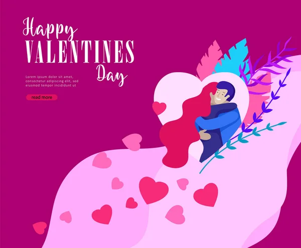 Glad Alla hjärtans dag landning sida mallen med par i kärlek isolerade i hjärtat på en färgglad abstrakt bakgrund, typografi affisch element — Stock vektor