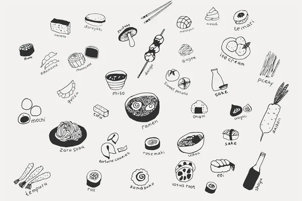 Colección de los diferentes alimentos japoneses. Juego de arte de línea dibujada a mano de la comida — Vector de stock