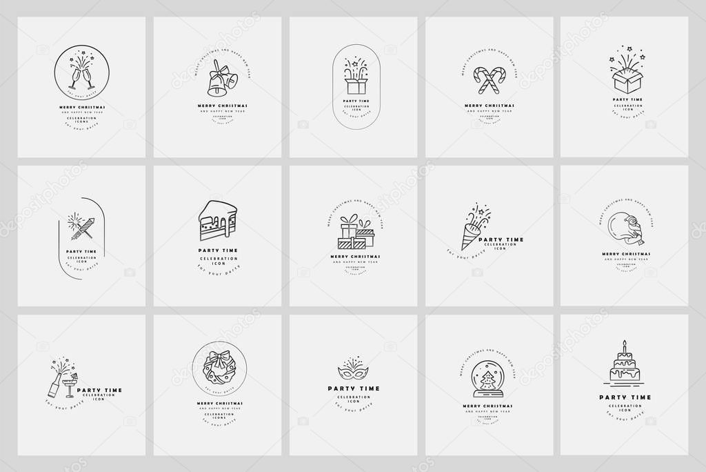 Vector icon and logo celebration Merry Christmas and Happy New Year . Editable outline stroke size. Line flat contour, thin and linear design. Simple icons. Concept illustration. Sign, symbol, element