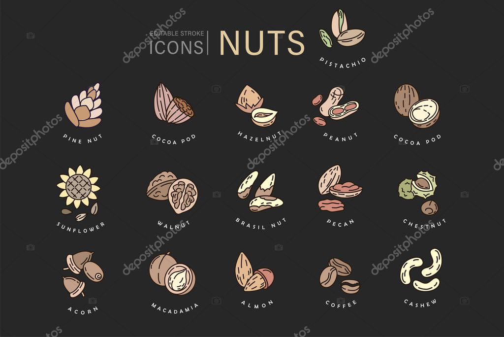 Vector icon and logo for nuts and seeds. Editable outline stroke size. Line flat contour, thin and linear design. Simple icons. Concept illustration. Sign, symbol, element.