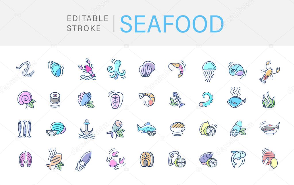 Vector icon and logo for seafood restaurant or cafe. Editable outline stroke size. Line flat contour, thin and linear design. Simple icons. Concept illustration