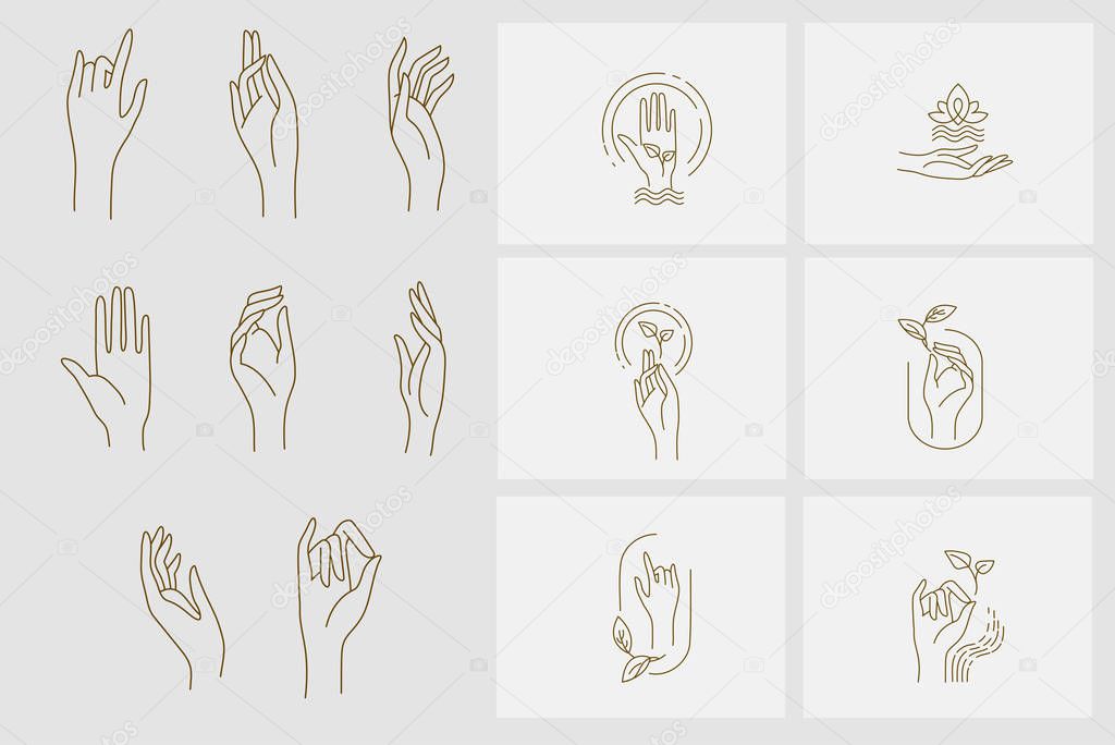Vector icon and logo with hand for natural cosmetics and care dry skin. Editable outline stroke size. Line flat contour, thin and linear design. Simple icons. Concept illustration