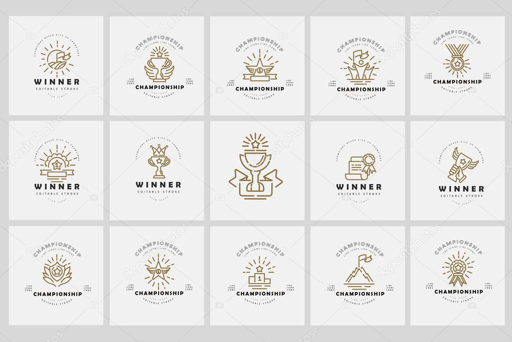 Vector icon and logo winner and champion. Editable outline stroke size. Line flat contour, thin and linear design. Simple icons. Concept illustration. Sign, symbol, element.