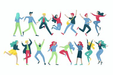 Atlama karakter çeşitli teşkil etmektedir. Gençlerin grup ile atlama neşeli gülen ellerini kaldırdı. Mutlu pozitif genç erkek ve kadınlar