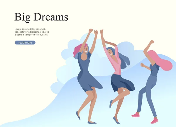 Modelo de design de página web para sonhos de beleza, Dia Internacional das Mulheres, poder das meninas, bem-estar, cuidados com o corpo, vida saudável, conceito de ilustração vetorial de design para o site —  Vetores de Stock