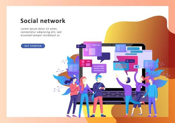 Concept Modèle de page d'atterrissage, style plat, hommes d'affaires discuter réseau social, nouvelles, réseaux sociaux — Image vectorielle