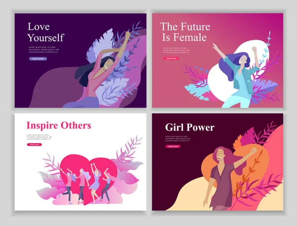 Дизайн веб-страниц искушает красотой, мотивация мечты, Международный женский день, концепция феминизма, власть девочек и права женщин, векторная иллюстрация для веб-сайта — стоковый вектор