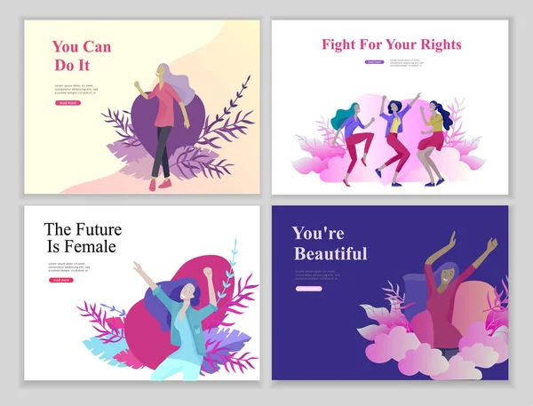 Designmall för skönhet, drömmar motivation, internationella kvinnodagen, feminism koncept, flickor makt och kvinnan rättigheter, vektorillustration för webbplats — Stock vektor