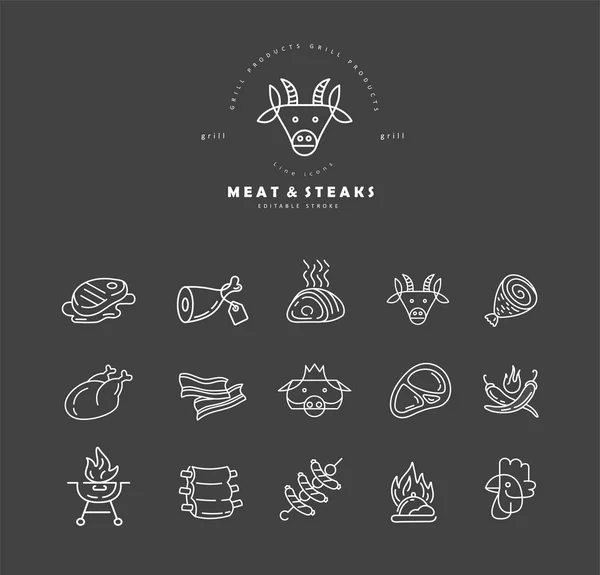 Icona vettoriale e logo per bar o ristorante a base di carne e grill — Vettoriale Stock
