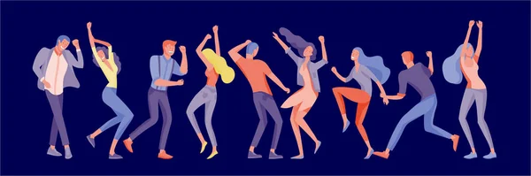 Jumping character in various poses. Group of young joyful laughing people jumping with raised hands. Happy positive young men and women — Stock Vector