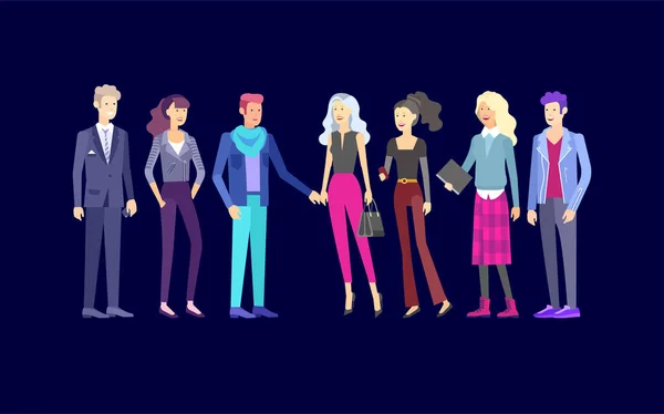 Personajes detallados hombres y mujeres de negocios, trabajadores. Equipo de negocios Estilo de vida, estilo de ropa elegante. Personas con aparatos, mochilas y libros, concepto de trabajo en equipo . — Archivo Imágenes Vectoriales