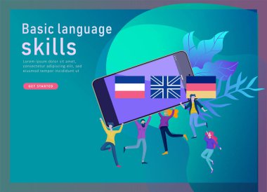 Online dil kursları, uzaktan eğitim, eğitim için açılış sayfası şablonları. Dil arabirimi öğrenme ve kavram öğretim.