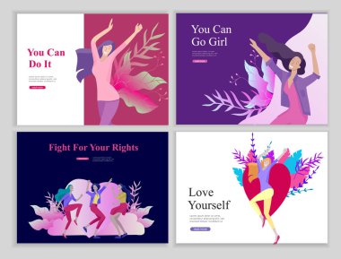 Web sayfa tasarım şablonu için güzellik, rüyalar motivasyon, Uluslararası Kadınlar Günü, feminizm kavramı, kızlar güç ve kadın hakları, vektör çizim Web sitesi için