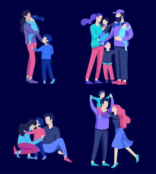 La familia pasa tiempo juntos, padres felices con hijos. Personaje de personas vectoriales — Vector de stock