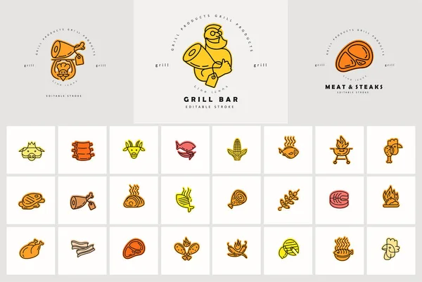 Icono del vector y logotipo para la carne y la parrilla cafetería o restaurante de filetes. Tamaño del trazo del contorno editable. Línea de contorno plano, diseño delgado y lineal. Iconos simples. Ilustración conceptual — Archivo Imágenes Vectoriales