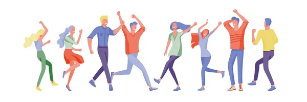 Jumping character in various poses. Group of young joyful laughing people jumping with raised hands. Happy positive young men and women — Stock Vector