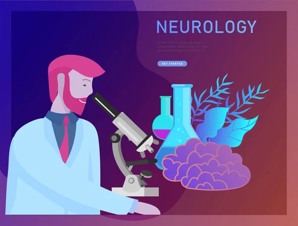 Concetto di genetica neurologica. Stile piatto poco persone medici team di lavoro medico, la costruzione di DNA, la ricerca di acido desossiribonucleico. Cervello, mente creativa — Vettoriale Stock