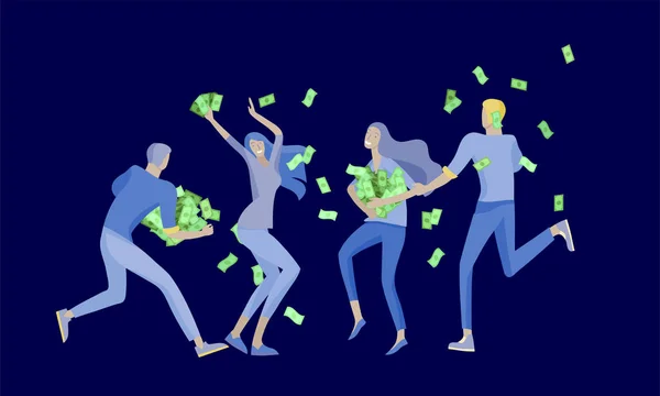 Gli uomini d'affari festeggiano la vittoria. Una squadra d'affari sotto la pioggia di soldi. Stile cartone animato, illustrazione vettoriale piatta isolata su bianco . — Vettoriale Stock