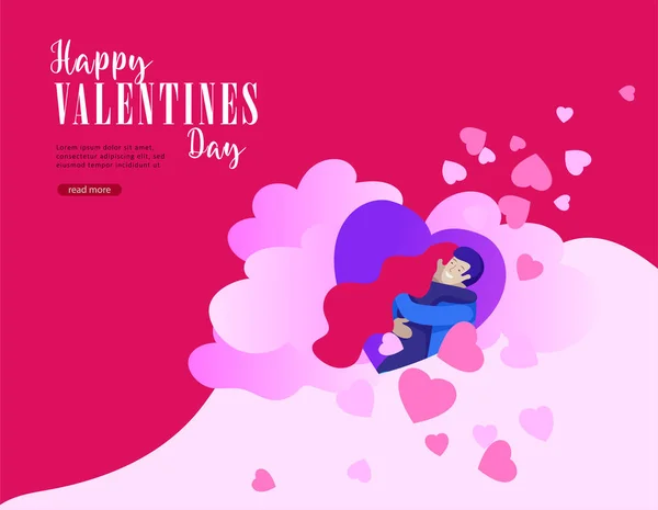 Glückliche Valentinstag Landing Page Vorlage mit verliebten Paar isoliert im Herzen auf einem bunten abstrakten Hintergrund, Typografie Posterelement — Stockvektor