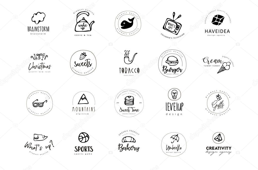 Hand drawn logo set and elements. Digital illustration, bakery doodles elements, holidays seamless background. school and alcohol drinks. Vector fast food sketchy