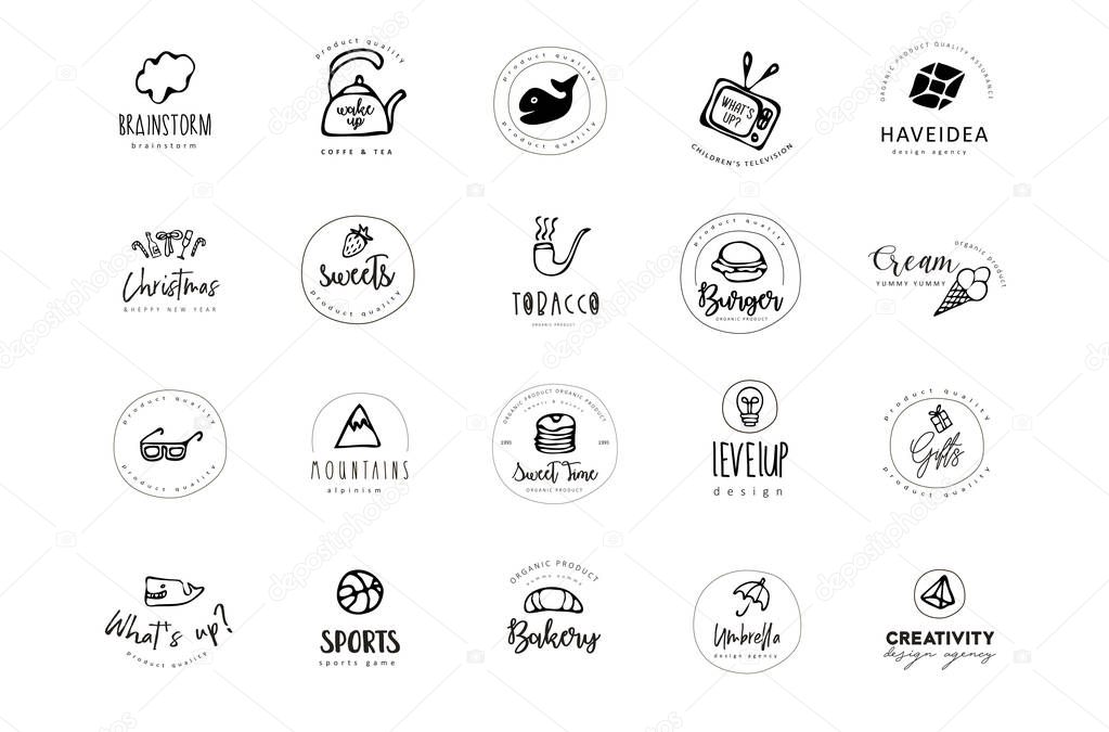Hand drawn logo set and elements. Digital illustration, bakery doodles elements, holidays seamless background. school and alcohol drinks. Vector fast food sketchy illustration