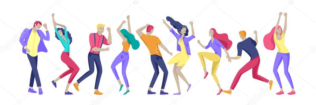 Jumping character in various poses. Group of young joyful laughing people jumping with raised hands. Happy positive young men and women