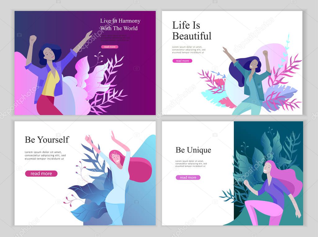Web page design template for beauty dreams, International Womens Day, girls power, wellness, body care, healthy life, design vector illustration concept for website