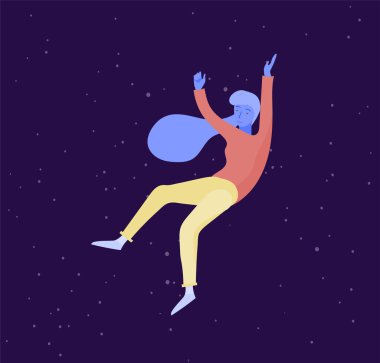 Uzayda uçan esinlenerek bir kadın. Karakter hareket ve rüyalar, hayal ve ilham yüzen. Düz tasarım stili