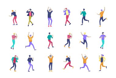 Atlama karakter çeşitli teşkil etmektedir. Gençlerin grup ile atlama neşeli gülen ellerini kaldırdı. Mutlu pozitif genç erkek ve kadınlar