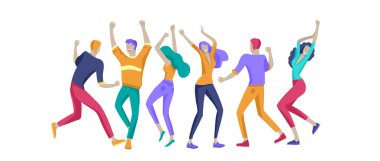 Atlama karakter çeşitli teşkil etmektedir. Gençlerin grup ile atlama neşeli gülen ellerini kaldırdı. Mutlu pozitif genç erkek ve kadınlar