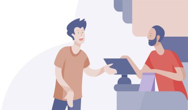 İnsanlar süpermarkette alışveriş. Kadın ile kasiyer, süpermarkette kavramı müşteri ve tezgâhtar satın alınır. Satın alma prosedürü etkileşim, satış. Yaratıcı açılış sayfası