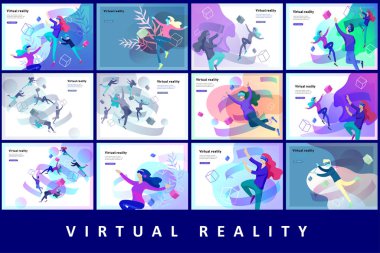 Man and woman wearing virtual reality headset and looking at abstract sphere. Colorful vr world. Virtual augmented reality glasses concept with people learning and entertaining clipart