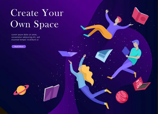 Plantilla de landing page. Gente inspirada volando. Crea tu propio espacio. Personajes moviéndose y flotando en sueños, imaginación y libertad inspiración diseño trabajo — Vector de stock