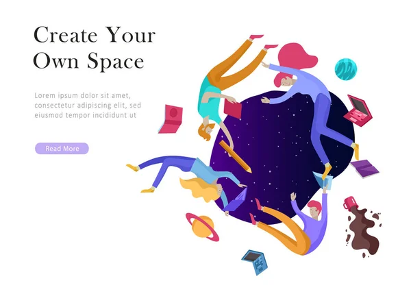 Plantilla de landing page. Gente inspirada volando. Crea tu propio espacio. Personajes moviéndose y flotando en sueños, imaginación y libertad inspiración diseño trabajo — Archivo Imágenes Vectoriales