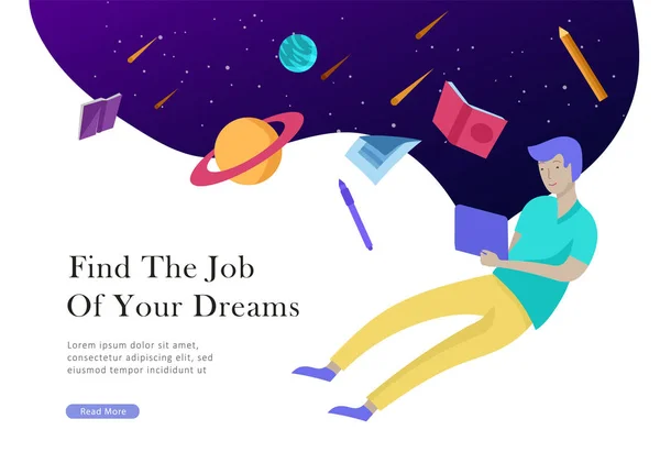 Job presentation banner page. Inspired People flying, choose career or interview a candidate, agency human resources creative find experience. Characters find work of dreams, design — Stock Vector