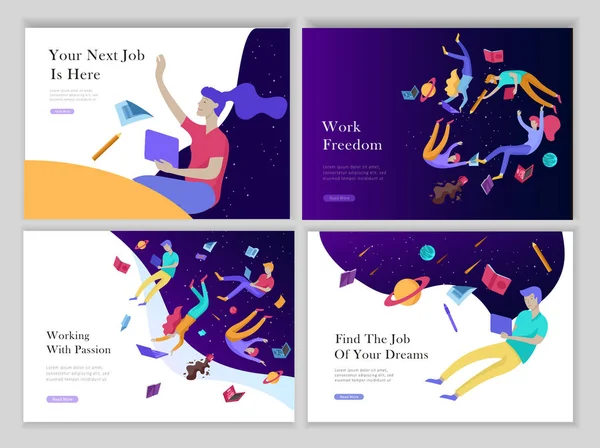 Job presentation banner page set. Inspired People flying, choose career or interview a candidate, agency human resources creative find experience. Characters find work of dreams, design — Stock Vector