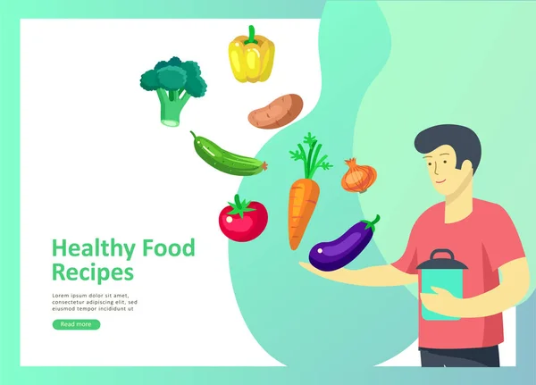 Landing page templates with people which Cooking healthy food, simple recipes, how to choose products in the supermarket, food delivery and fast food — Stock Vector