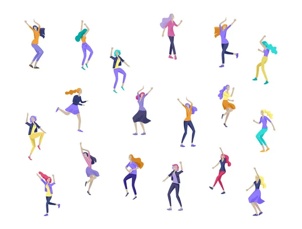 Personaje saltando en varias poses. Grupo de jóvenes riendo alegre gente saltando con las manos levantadas. Feliz positivos jóvenes hombres y mujeres — Vector de stock